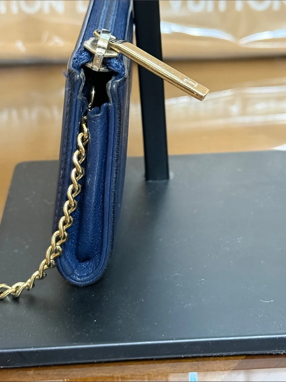 CHANEL Navy Leather CC Logo Key Pouch with Gold Chain